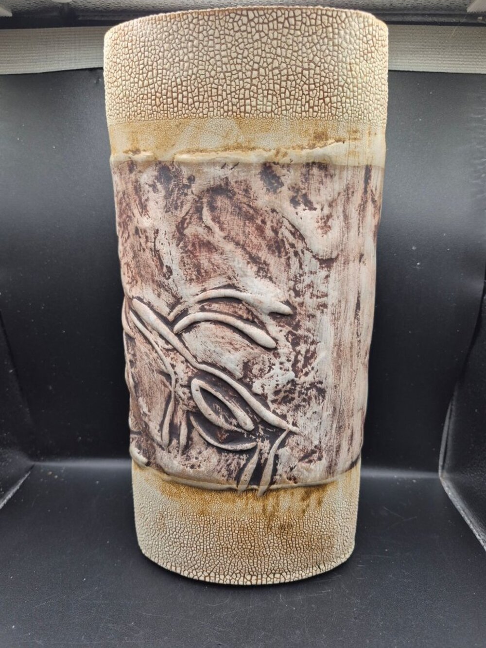 Handmade Ceramic Vase Abstract Raised Design Signed Rustic Earth Tones